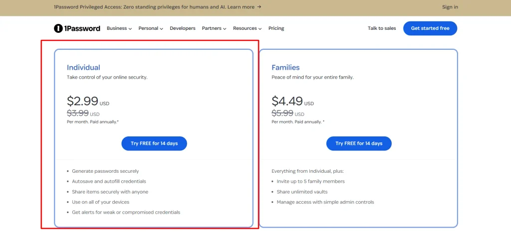 1password individual plan
